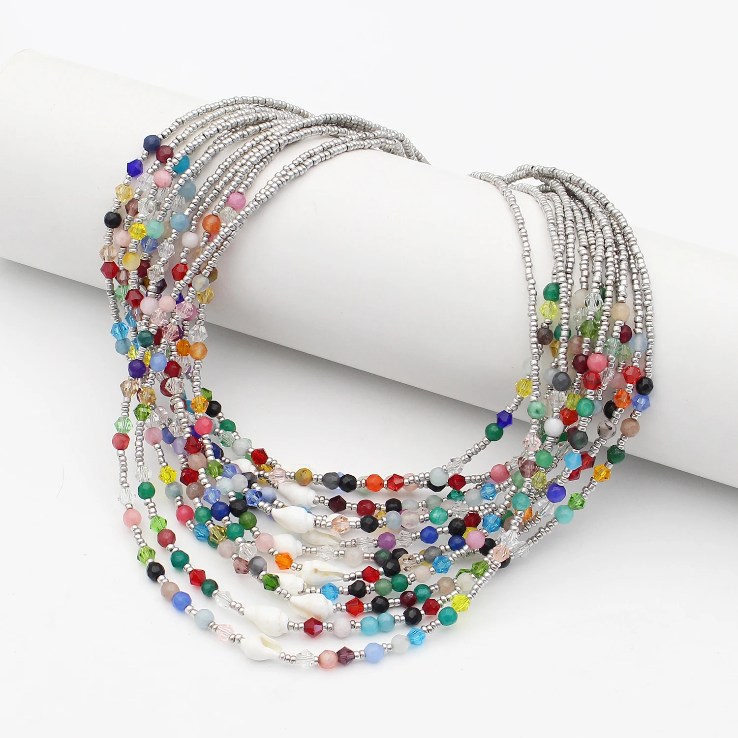 Inventory Cheap New Fashion Beautiful Multi-Gemstone Silver Beaded Necklace Colorful Beaded Necklace for Women