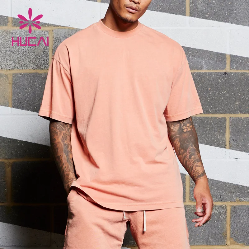 HUCAI Custom logo workout clothing sportswear heavyweight vintage cotton acid washed oversized running fitness gym shirts men