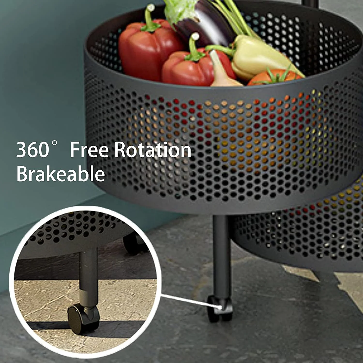 Multifunctional Metal Wire Removable Floor Standing 360 Rotating Kitchen Cabinet Vegetable Fruit Storage Basket Rack With Wheels