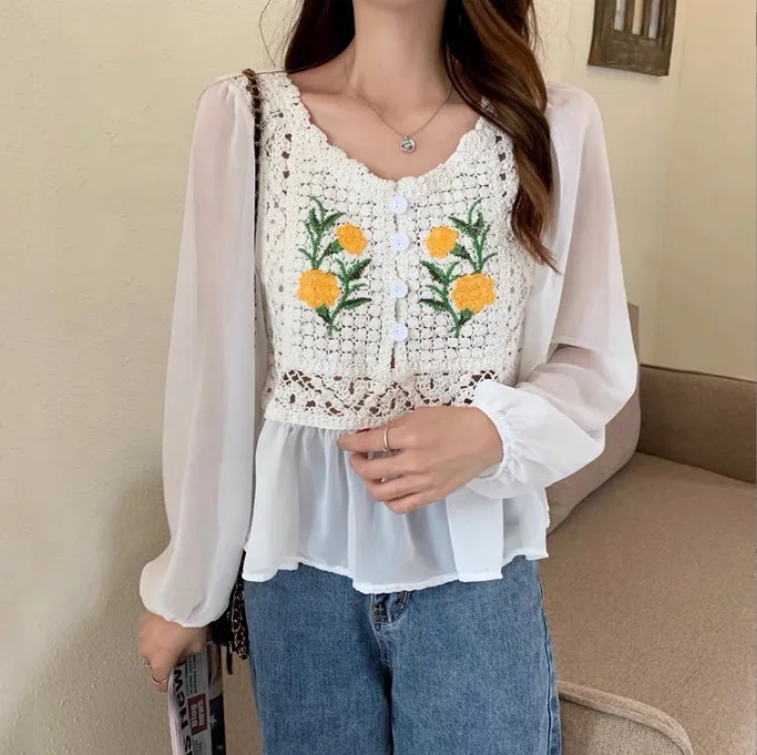 2023 Women Vintage solid knitting V-neck Embroidery Hollow Out long Sleeve Blouses and Shirts For Lady Tops Clothing