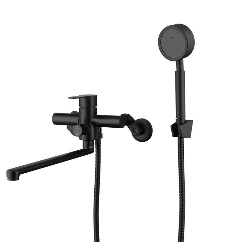 Adjustable Hole Distance Wall Mounted Black Bathtub Faucet with Round Hand Shower
