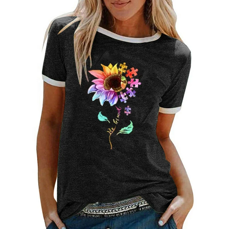 2021 Summer Women Vintage Flower Print Shirts Womens Blouse Short Sleeve T Shirts And Tops Sunflower Shirts