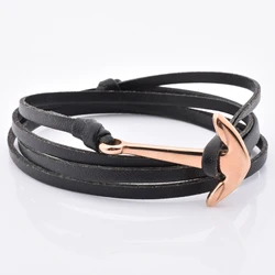 Wholesale Sailor Nautical Rope Rose Gold Black Leather Wrap Anchor Bracelet