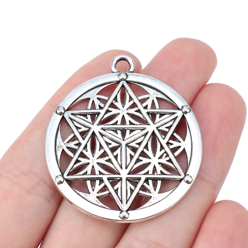 Antique Silver Tone Flower of Life Merkaba Sacred Geometry Round Charms Pendants For Necklace Jewelry Making