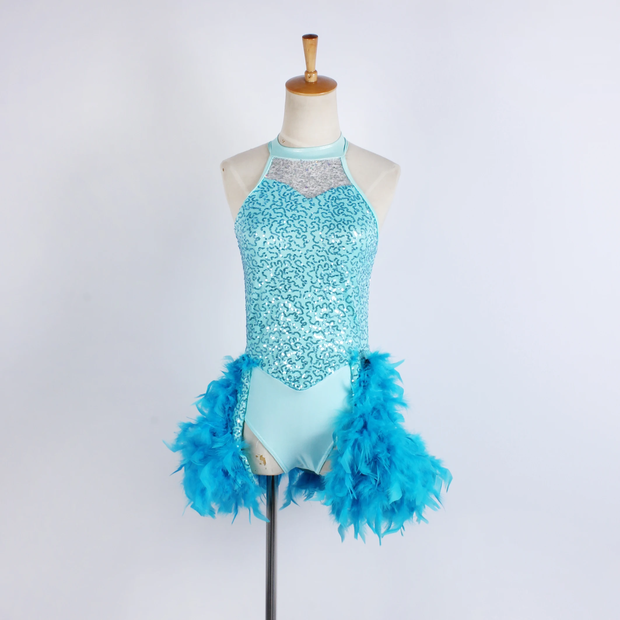 professional Competition shiny latin dress turquoise Sequin Feather performance wear samba dance costume