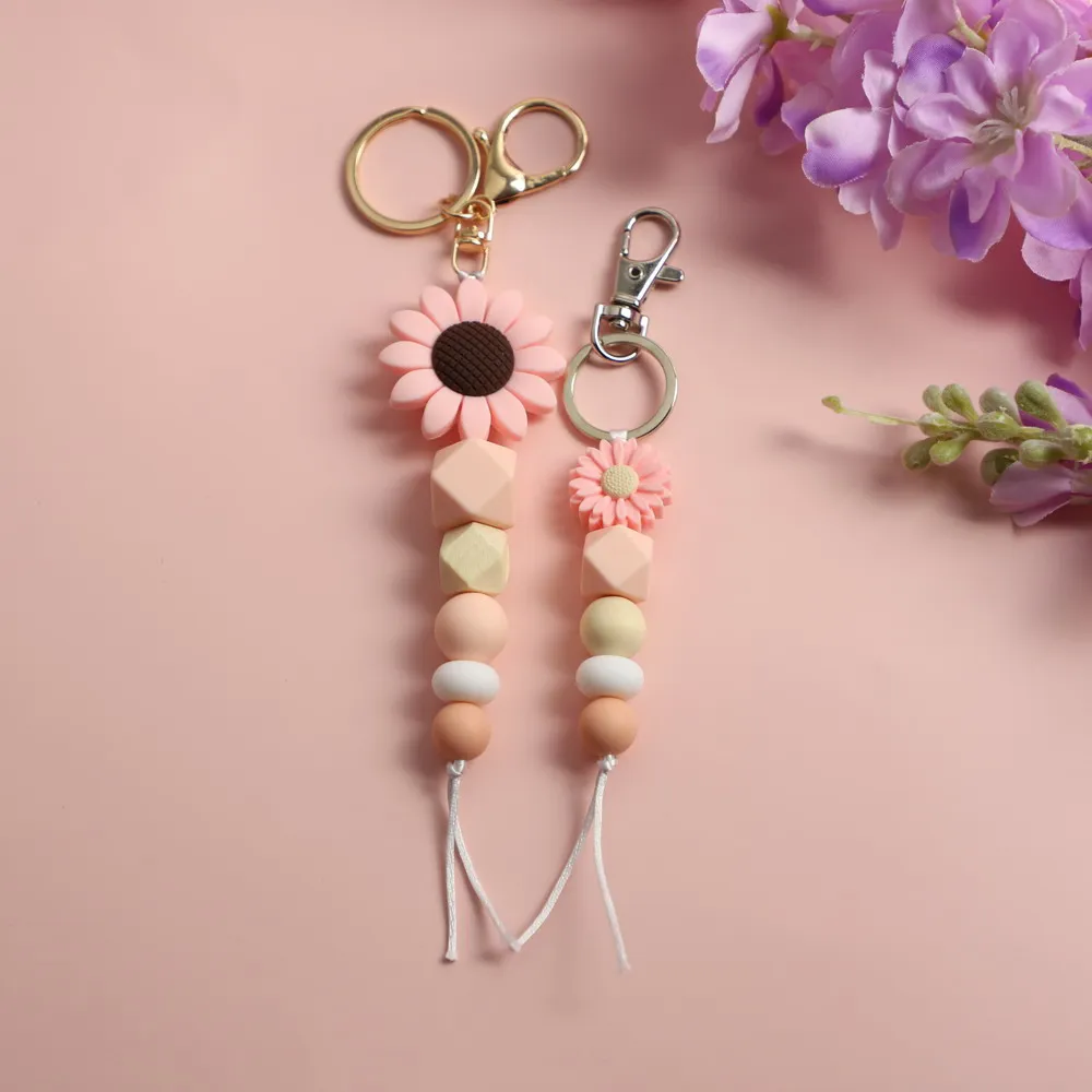 Fashion Summer Candy Colored Silicone Beads Parent-child Keychain Cute  Sunflower Pendant Mommy And Me Family Keychain
