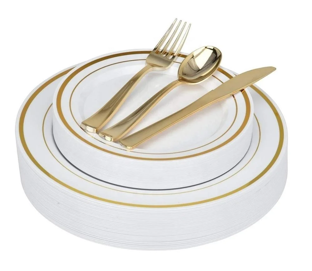 
125 Piece Disposable Gold Dinnerware Set - Service for 25 Guest Gold Rim Plastic Plates Gold Plastic Silverware 