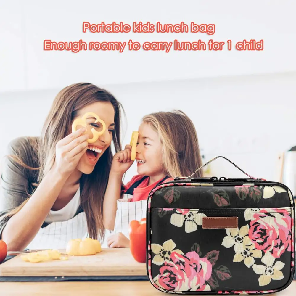 Lokass Insulted Thermal Tote Lunch Bag Flower Pattern Wide-open Kids Lunch Box Bag For School Travel Outdoor Cooler Bag
