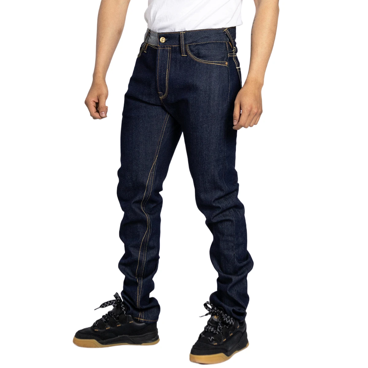 Patchwork Waist Blue Raw Denim straight jeans men slim fit