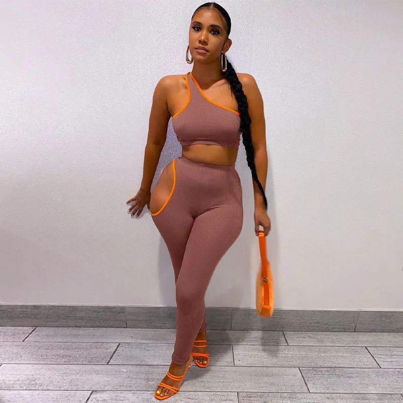 M5719 Women clothes vendor wholesale casual activewear one shoulder crop tops & pants set cut out two piece sexy outfits