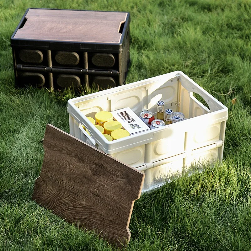 QM 30L foldable plastic storage stackable box camping folding box folding storage organizer with wood lid and handle