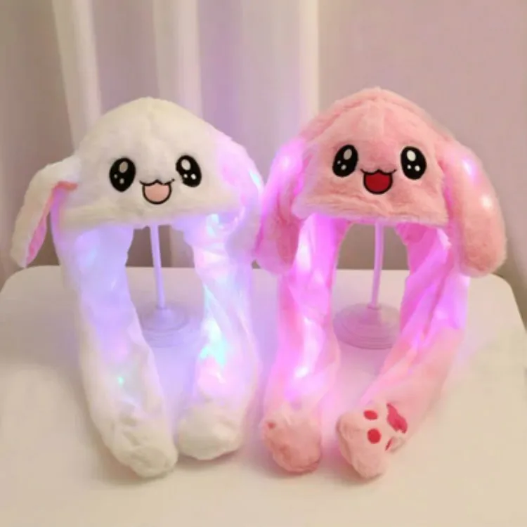 Winter Girls Cute Animal Plush Bunny Hat Airbag Moving Ears LED flashing hat Air Pumping and Moving ears kids hat