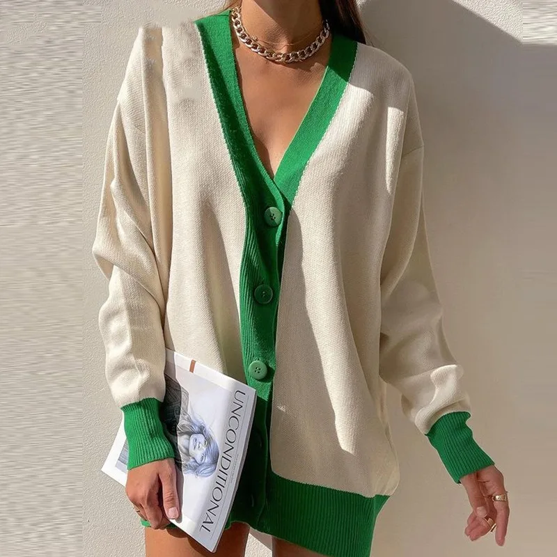 Fancy Custom Logo US women V Neck cardigan contrast color viscose cotton rib Knitted cardigan sweater