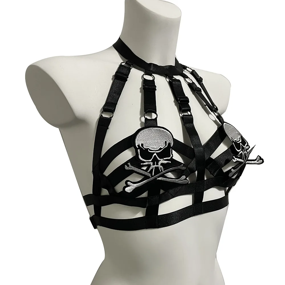 Gothic Woman sexy Wild Lingerie Elastic Bondage Body Harness Cage Bra Halloween Skull  rave outfit Nightclub Dance BDSM Hot Bra