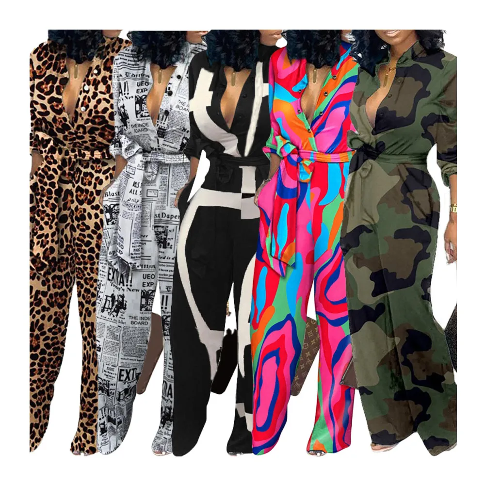 Amazon Fall Cardigan Belt Print Pop Women Jumpsuit Fashion Casual V-Neck Plus Size Women One Piece Jumpsuit