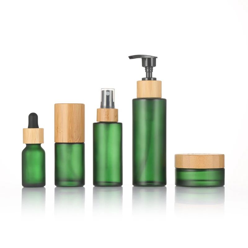 Empty sets clear frosted glass cream jars bamboo wooden lid glass bottle for cosmetic packaging
