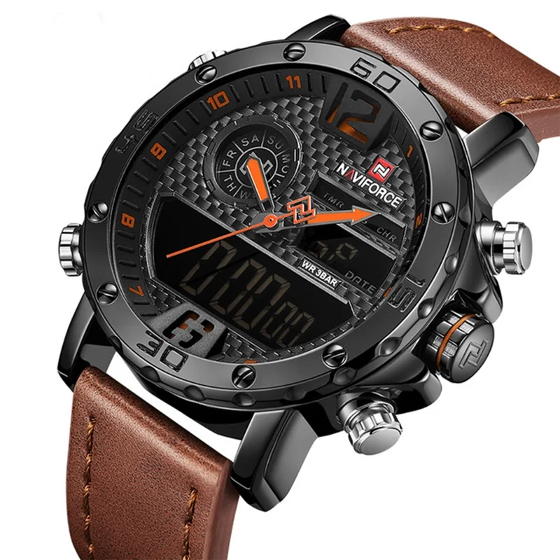 
NAVIFORCE Watch 9134 Luxury Military Leather Watches Men Wrist Digital Dual Display Waterproof Wristwatches Relogio Masculino 