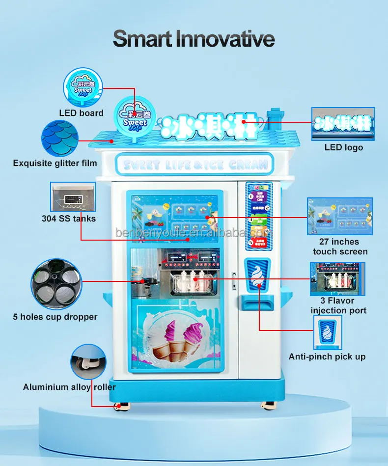 Customized 24-Hour Self-Service Smart Fully Automatic Ice Cream Maker Touch Screen Robot Soft Ice Cream Vending Machine