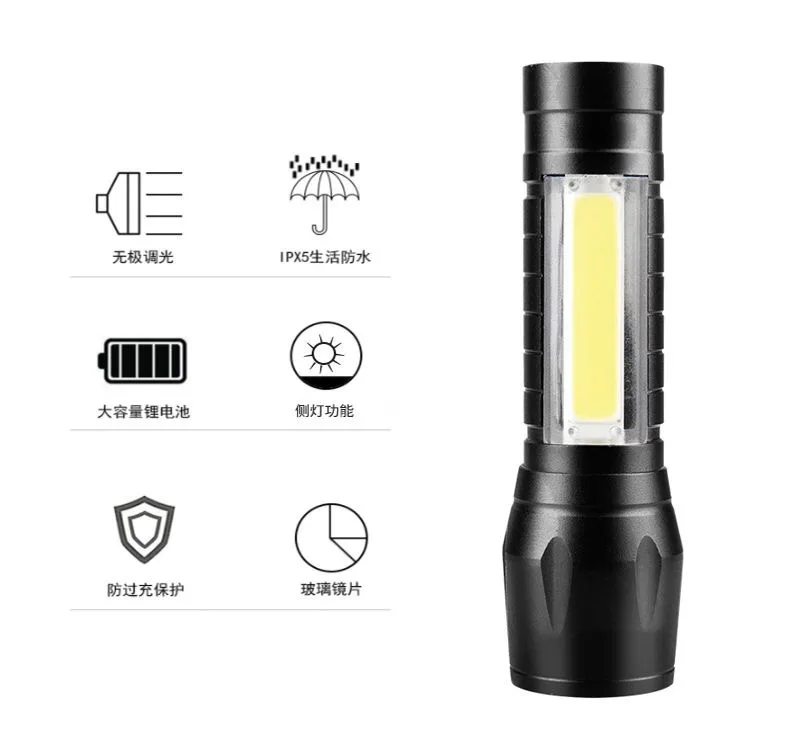 Portable mini Aluminum COB Tactical Torch,Zoomable Torch Waterproof IPX5 LED USB rechargeable Flashlight