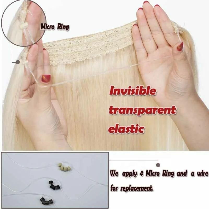 
16-22inch all color no clips no glue 100% Remy Human Hair Fish Wire Hair Halo Hair Extensions 