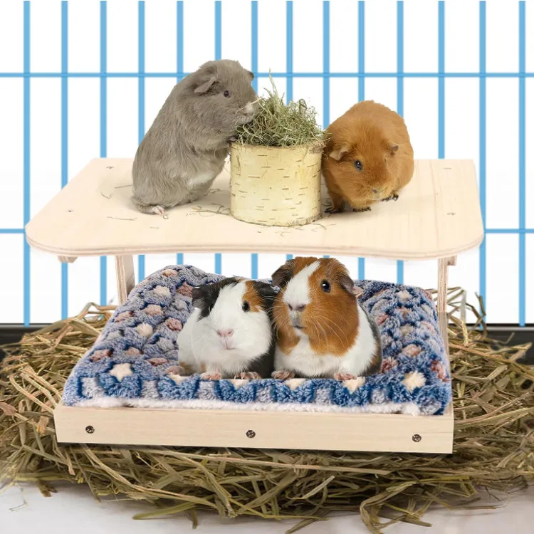 Save Space Guinea Pig Hideout Natural Wooden Small Animal House Bed With Stairs And Mat