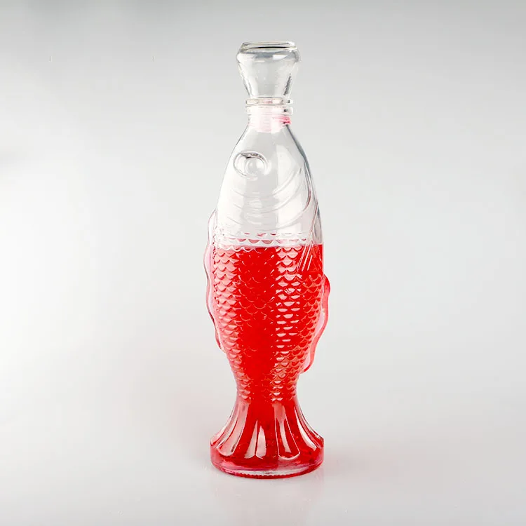 Unique fish shape empty wine bottle 750 ml glass bottle with glass cork for whisky
