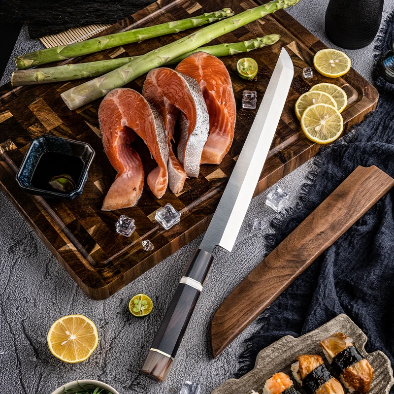 9Cr18Mov Steel 10.6' Sakimaru Knife Premium Sashimi Salmon Sushi Kitchen Sakimaru Knives White Buffalo Horn & Ebony Wood Handle