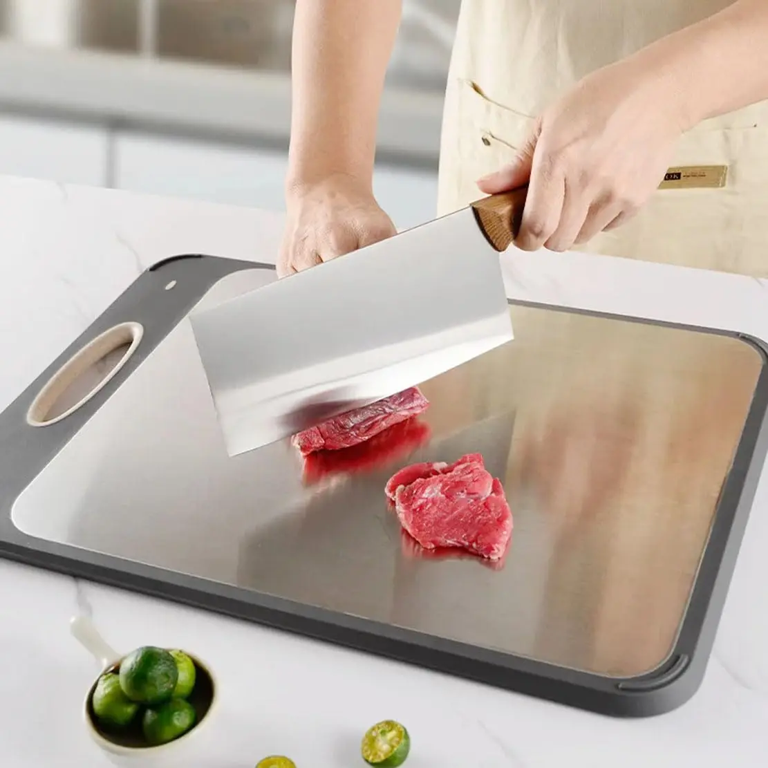 OMGO Double Sided Large 304 Stainless Steel Chopping Board Food-Grade Stainless Steel & Wheat Straw PP Cutting Board