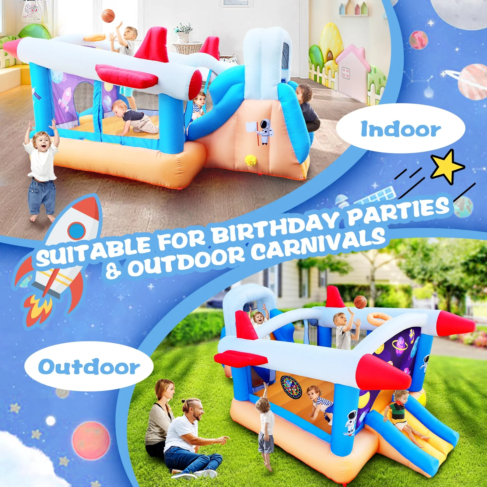 6 in 1 outdoor indoor inflatable bouncer for kids  target ball basketball slide with blower