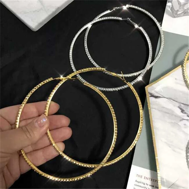 Crystal Hoop Earrings Thin Rhinestones Fashion Big Round Drop Earring Silver Plated Factory Wholesale Trendy for Women Alloy