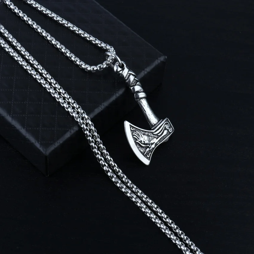 Myth of North Europe Punk Titanium Steel Wolf Battleax Viking Necklace for Men Women