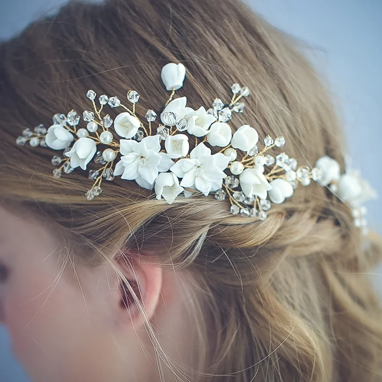 Fashion Ceramics Floral Headpiece Bridal Gold Hair Comb Pearls Women Prom Hair Pin Jewelry Wedding Accessories