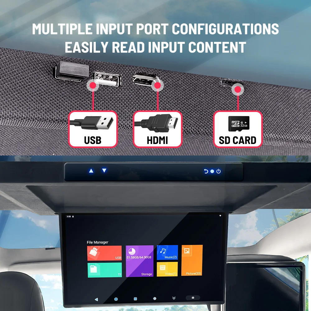 17.3 Inch 8Core 64G IPS Android Car Roof Monitor  Electric Reverse Ceiling TV Touchscreen Monitor Car TV for Tesla Model Y