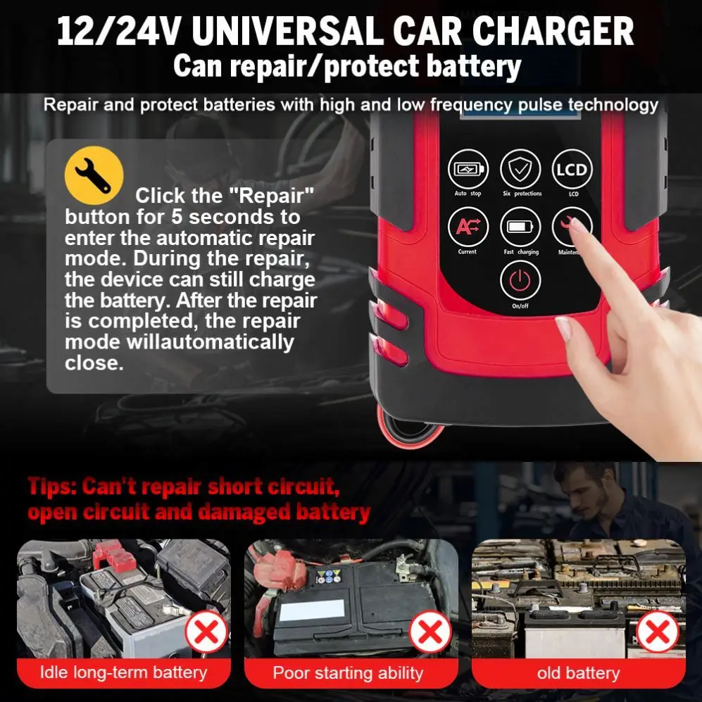 12V 24V Large Power 12A Universal Car Battery Charger Battery Charger Maintainer for Truck Car AGM Deep Cycle VRLA Pulse Repair