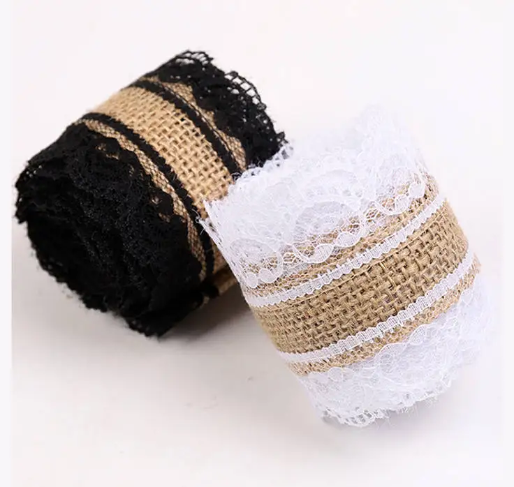 natural burlap jute ribbon with black lace trims tape for DIY rustic hessian craft ribbon for vintage wedding wreath burlap roll