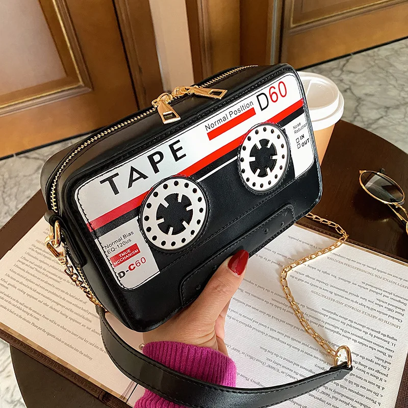 Fashion Ladies Phone Purse Handbag Personality Cassette Tape Shape Faux Leather Shoulder Bag