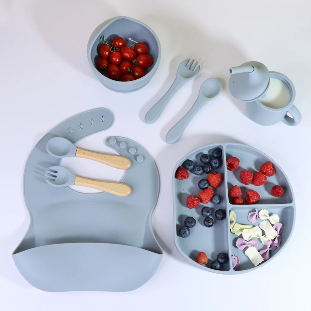 Baby Bibs Placemat Suction Plates Bowl Fork Spoons Cup Set Kids Dining Silicone Baby Cutlery Tableware Feeding Set