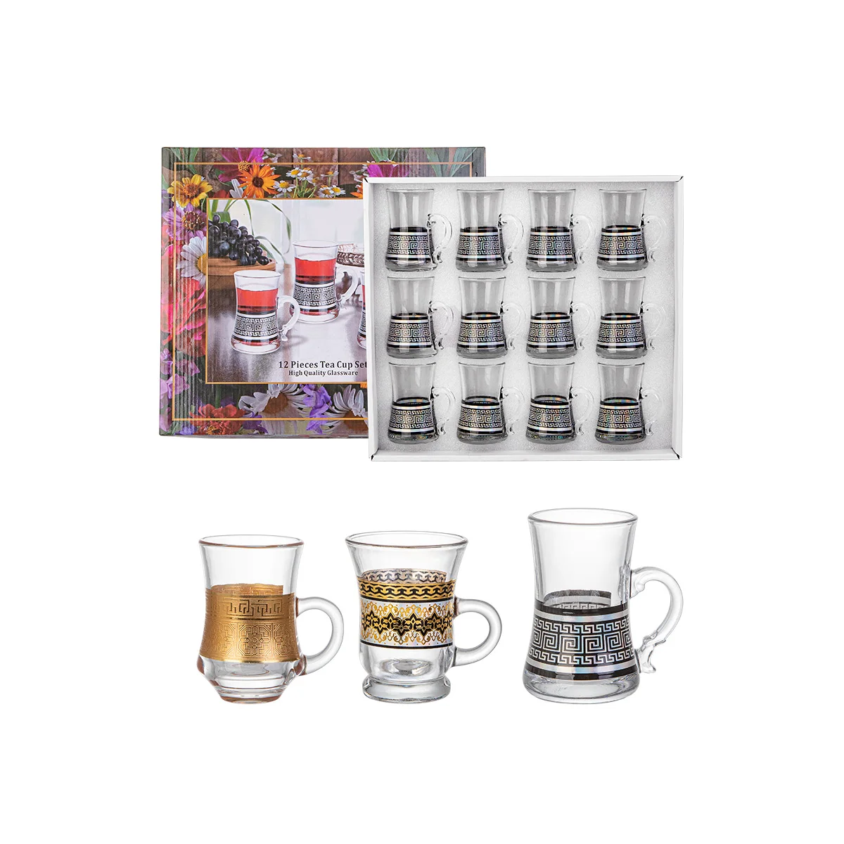 Modern Collection Turkish Glass Mug With Thin Waist Saucer Cups Set, Espresso Coffee Cups Set of 6 Cups & 6 Saucer