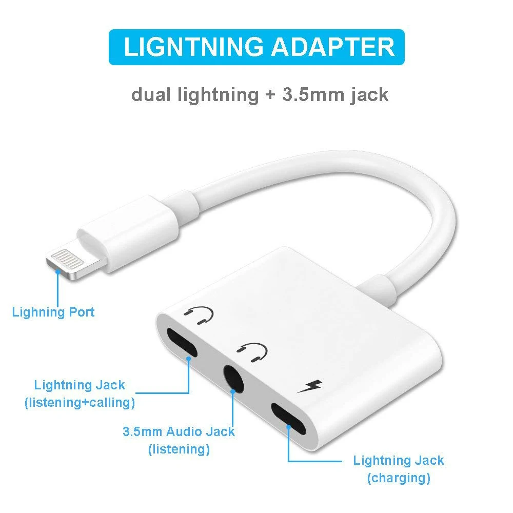 For iPhone Audio Adapter Earphone Jack Splitter Lighting 3.5 mm Headphone Adapter Audio Connector Headphones Adapter for iPad