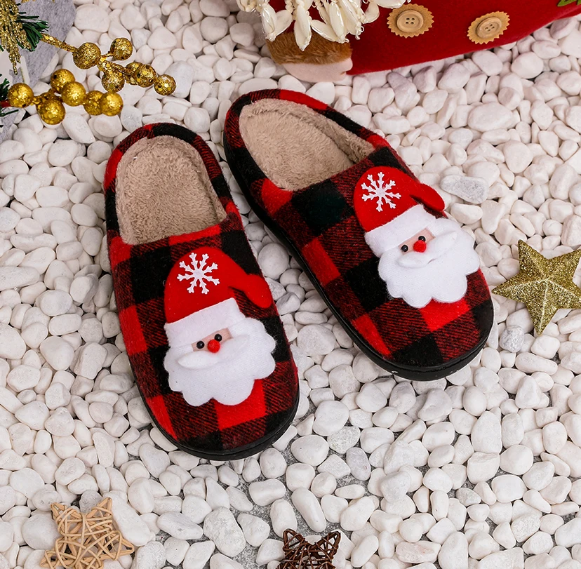 Household Red Grid Plat Warm Shoes Christmas Fluffy Shoes Indoor Plush Cotton Slippers With Santa Claus Elk