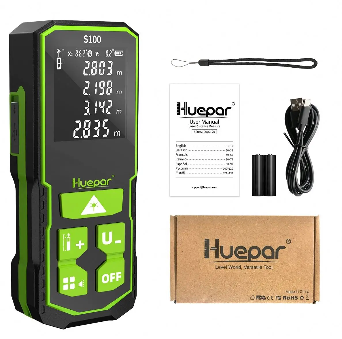 Huepar Rechargeable Li-ion Battery Tpye-c Charge S100 Laser Level Distance Meter
