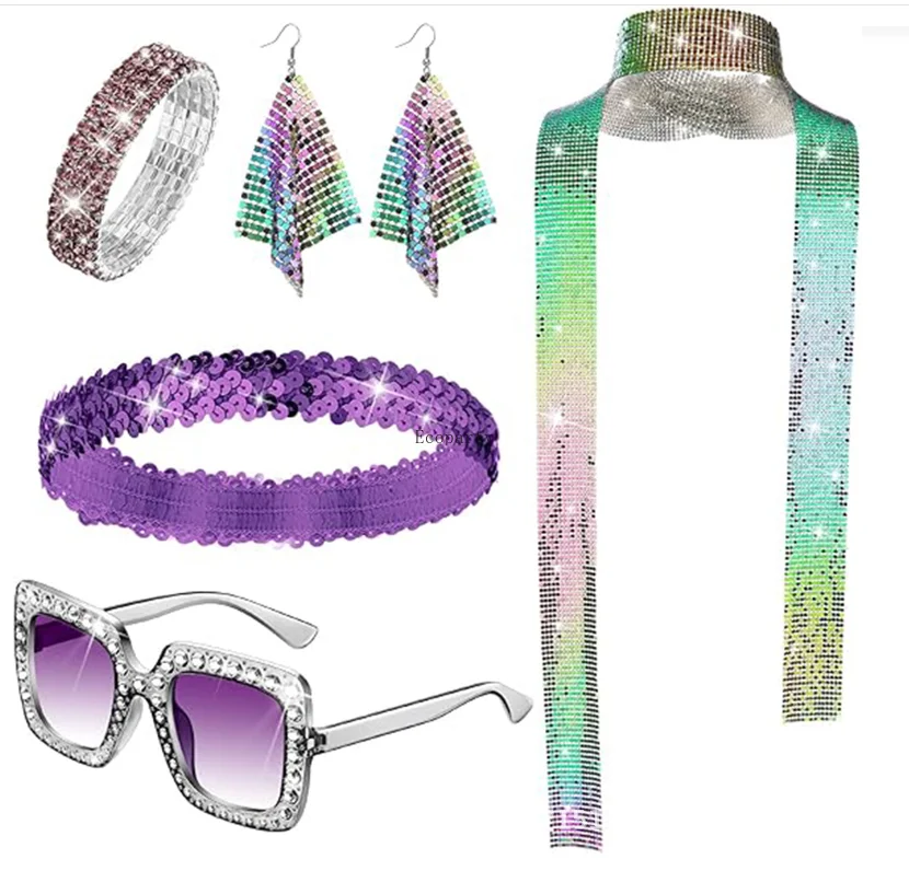70s Disco Women Costume Outfit and Accessories Shiny Head with Sunglasses Necklace Earrings Bracelet for Stage Performance Party
