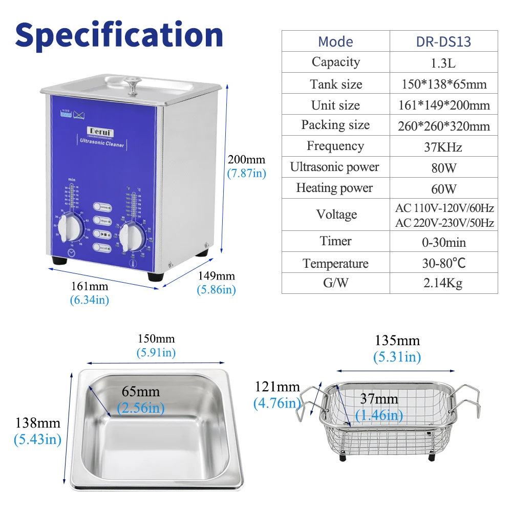 1.3L Ultrasonic Cleaner Stainless Steel Tank with Degas Sweep Heated Timer for Jewelry Ring Diamond Printer Head