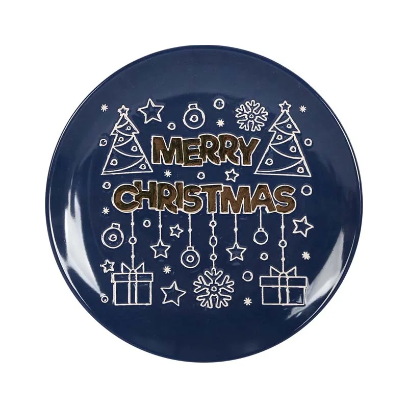 Holiday best-selling tableware manufacturers wholesale Christmas text pattern metal glaze ceramic salad plate