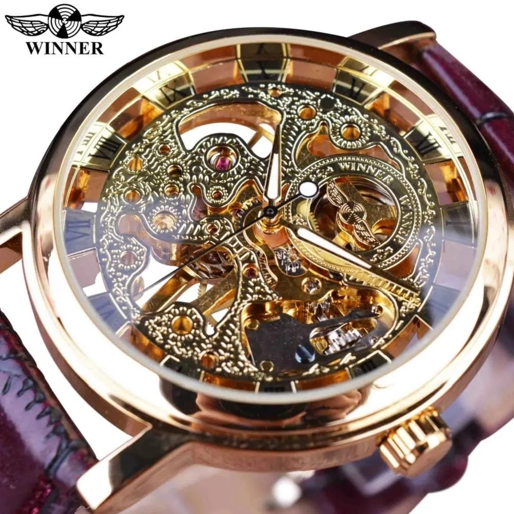 Winner Men Luxury Brand Royal Carving Skeleton Brown Leather Strap Transparent Thin Case Skeleton Design Watch Watches Clock