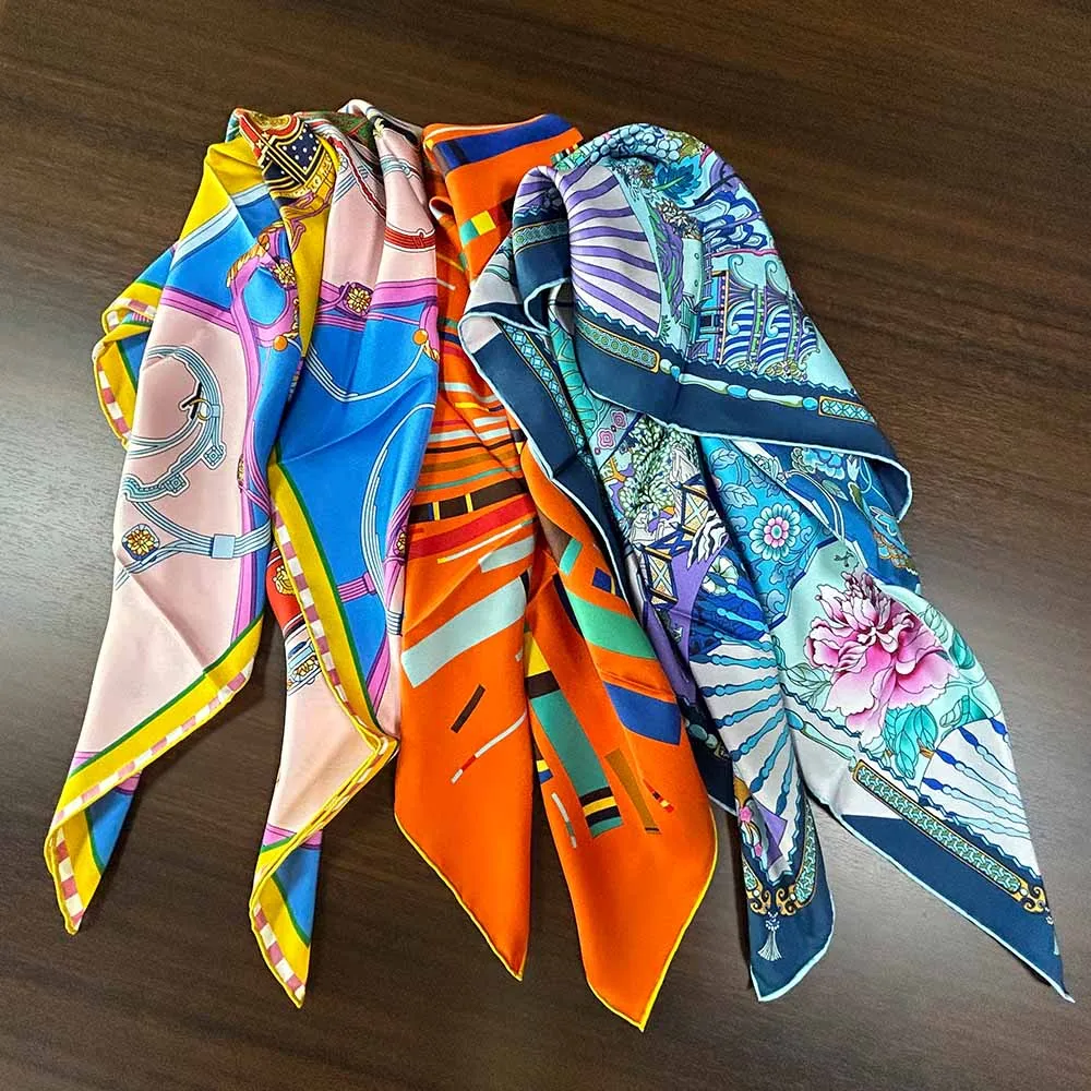 Mulberry Silk Twill Scarf Shawls 90Cmx90Cm Double Side Digital Print Head Scarf for Women