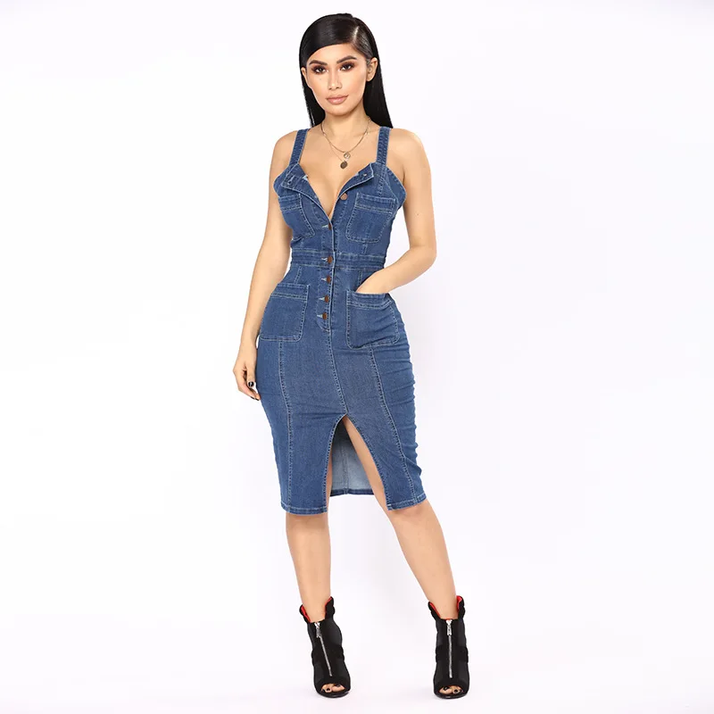 
2019 Women Female Sexy Spaghetti Strap Sleeveless Denim Jeans Dresses Clothing Women Single denims womens dresses 