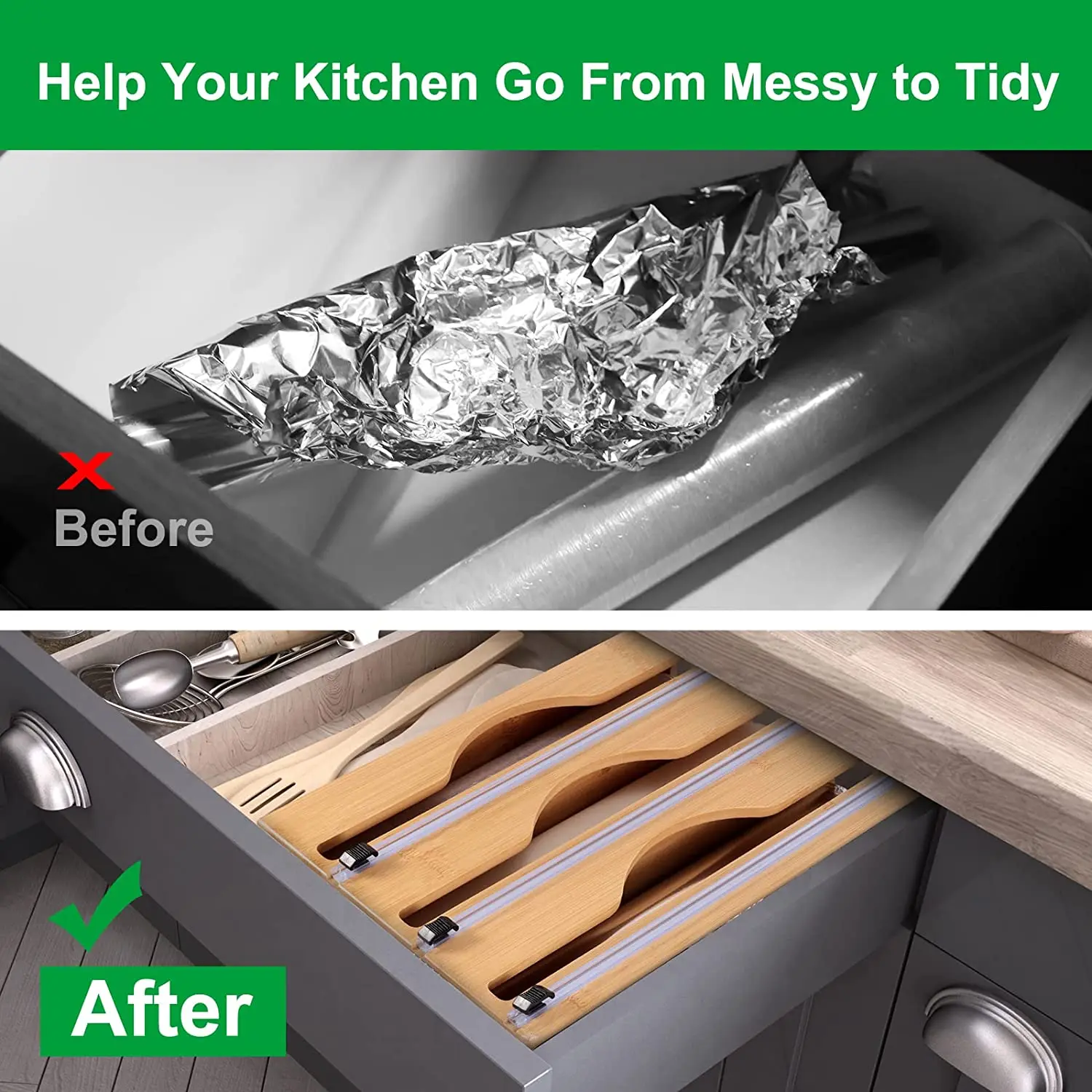 New popular 3 in 1 Foil and Plastic Wrap Organizer Durable Bamboo Plastic Wrap Dispenser Multipurpose Cling Film Storage Box