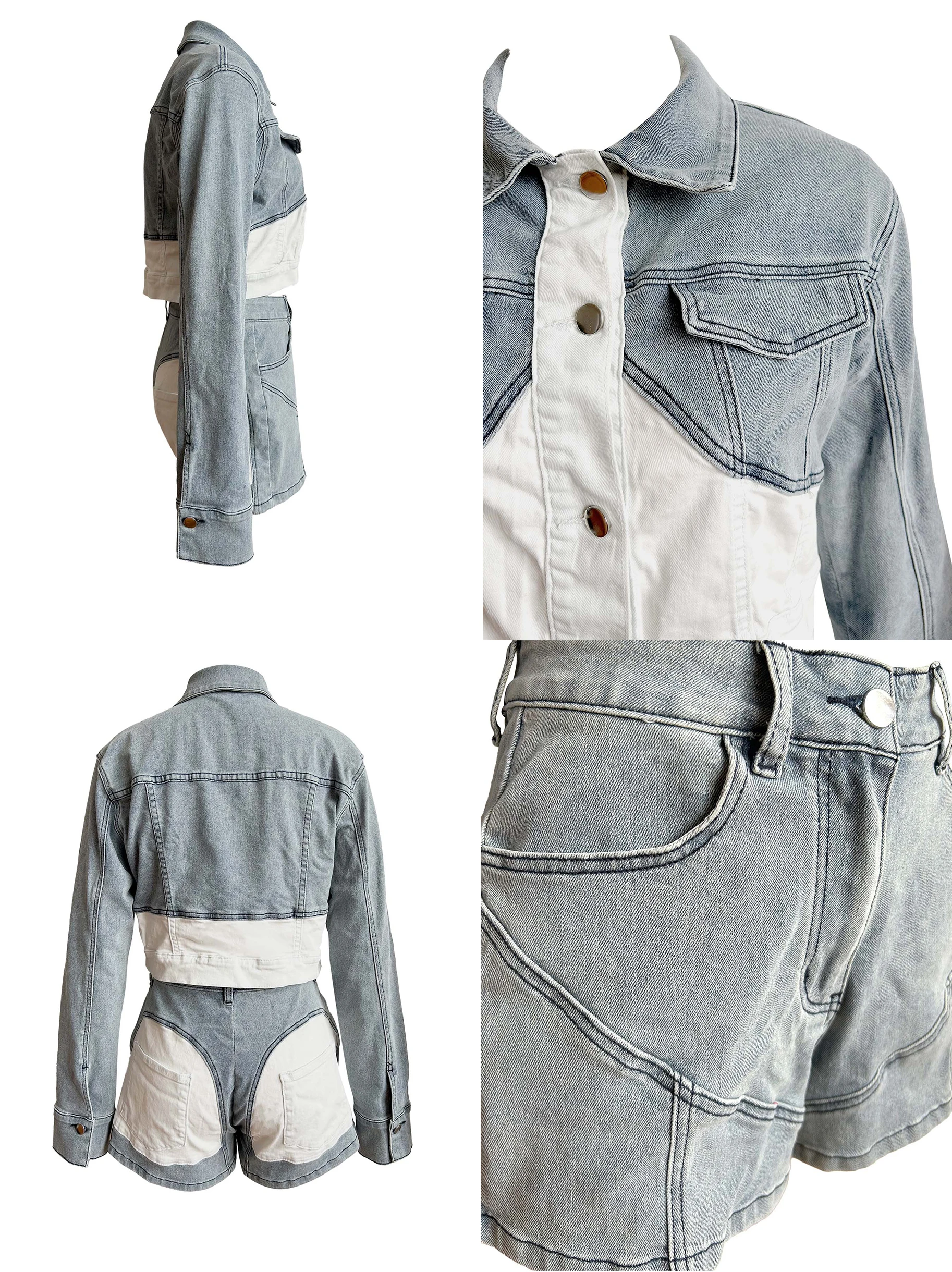 2024 New Color Block Stretch Denim Two Piece Set with Denim Jacket and Shorts Casual Fashion Outfit