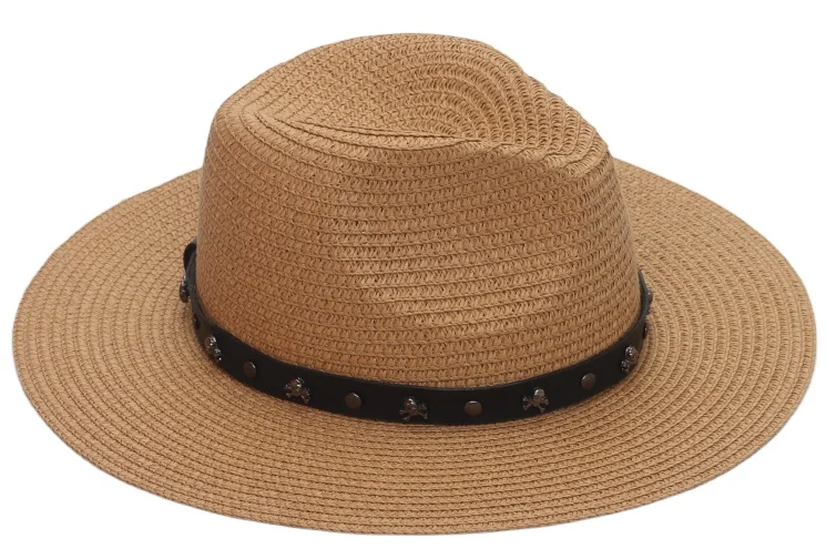 Wholesale summer flat brimmed straw hat wide brimmed sun cheap Beach Hat Fedora beach paper straw hat support custom logo